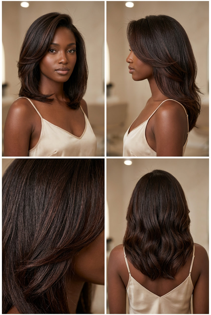 long haircut with espresso brunette, mahogany undertones, deep side part — elegant glamorous style