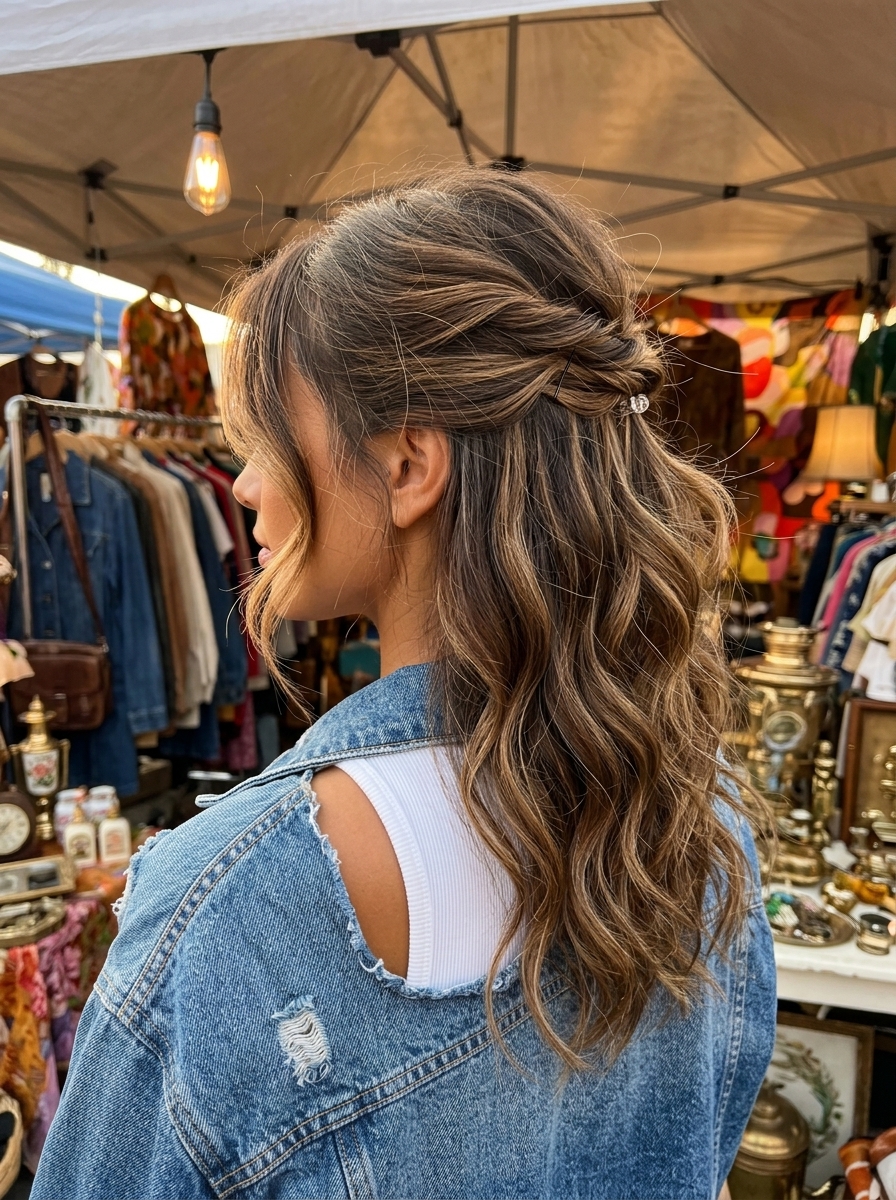 long tousled half-up half-down with espresso brunette color, loose twists, face-framing pieces — effortless festival