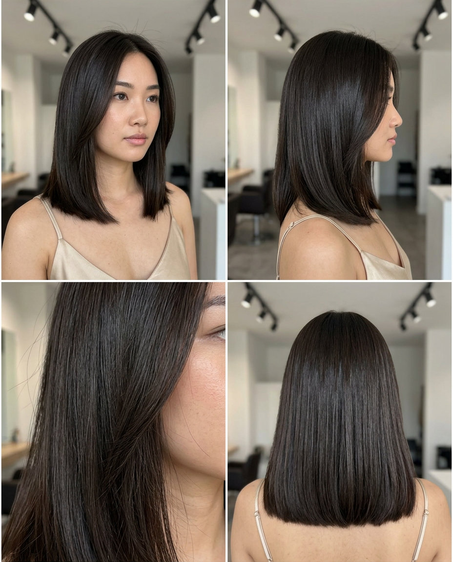 long espresso brunette lob with blunt cut and glossy finish for summer