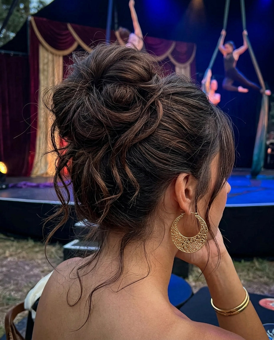 long espresso brunette textured bun with statement earrings for festival 2026