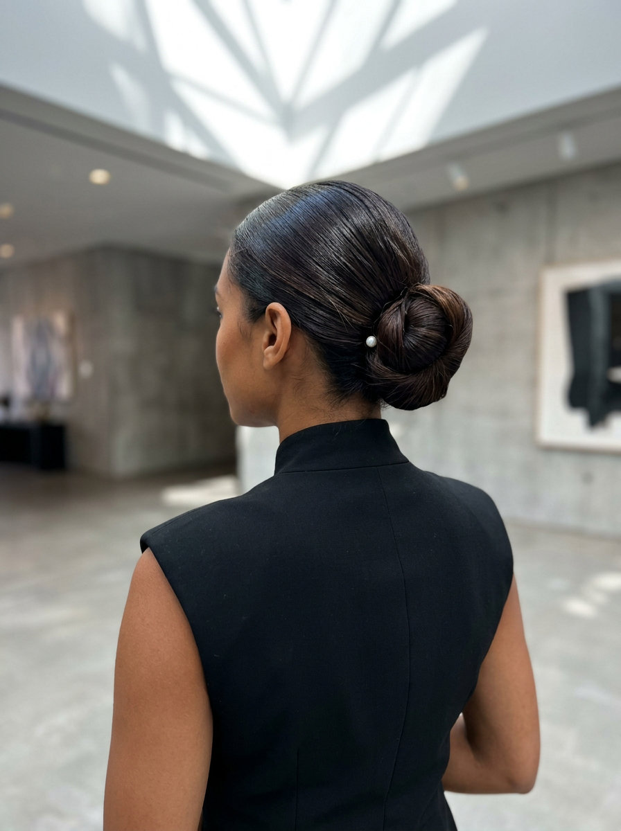 medium espresso roast brunette architectural knot bun with high gloss for gallery opening