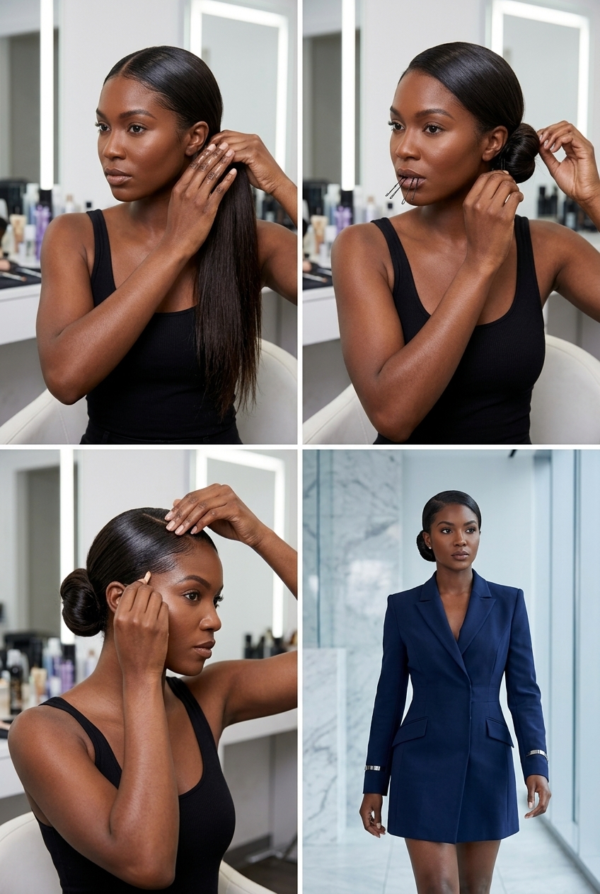 medium espresso brunette sculpted side bun with blunt perimeter for corporate event