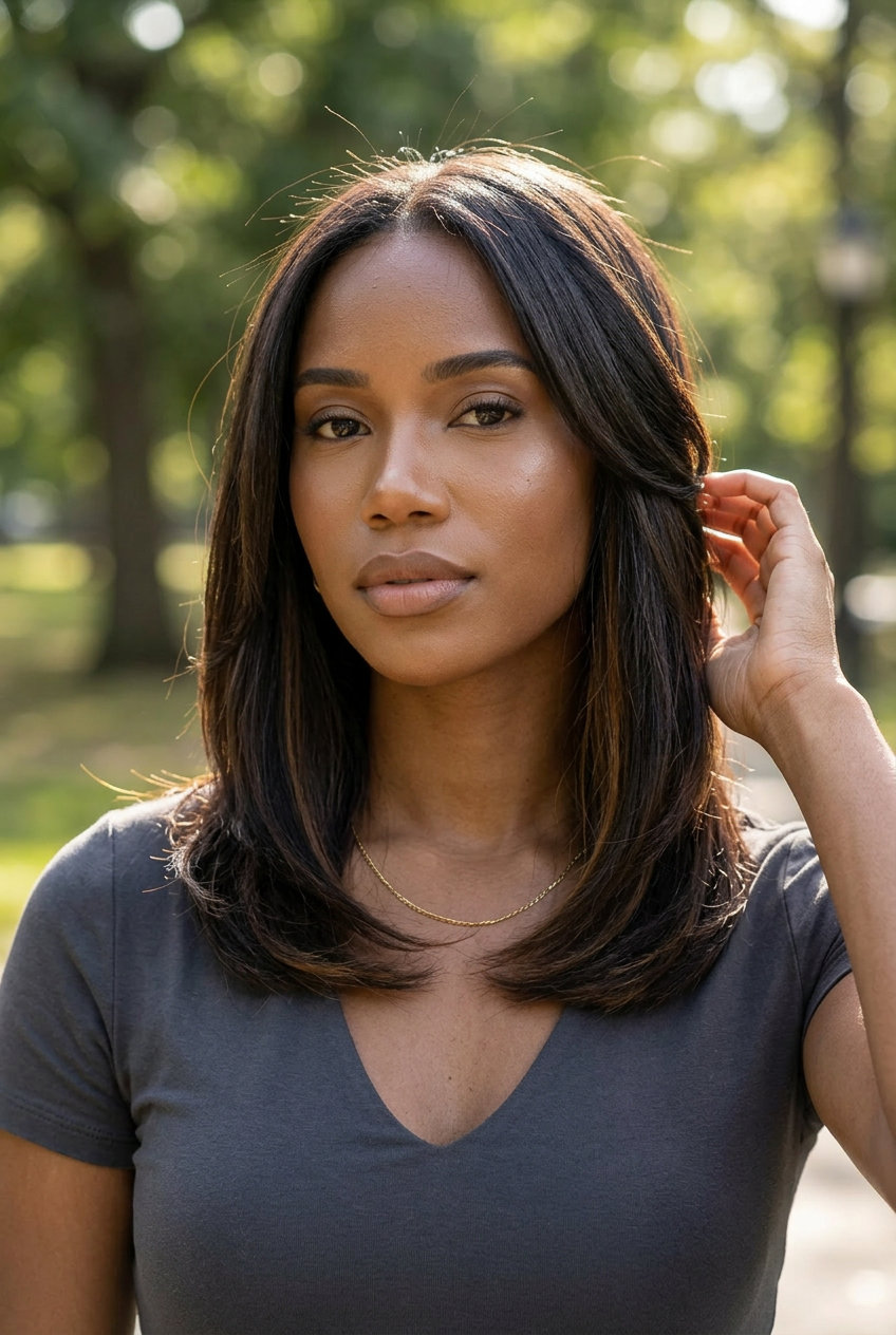 mid-length haircut with espresso brunette color, caramel ribbons, and face-framing layers for summer