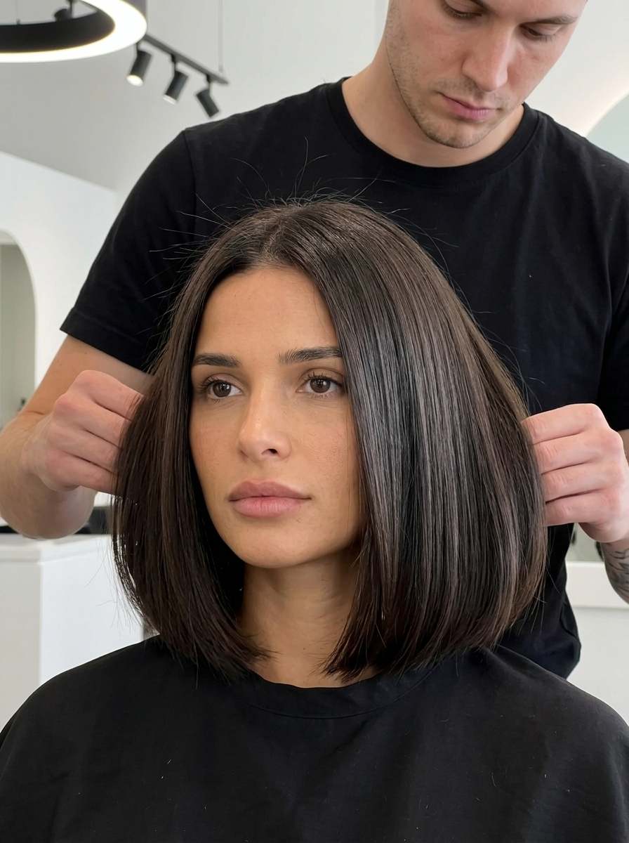 neck-length Italian bob in espresso brunette with blunt ends for summer