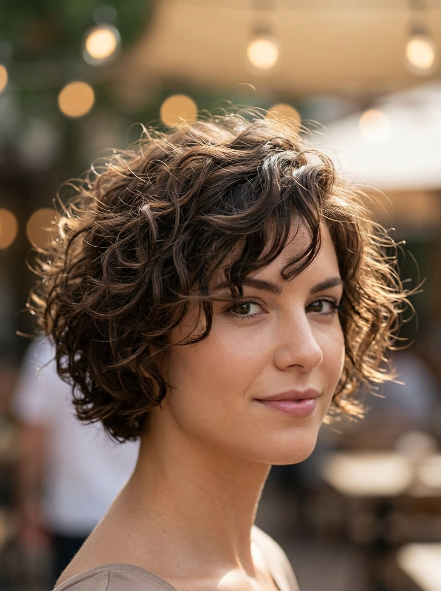 Romantic Espresso Pixie Bob 2026 short pixie bob haircut with espresso brunette, romantic tousled curls, and subtle lowlights for date night
