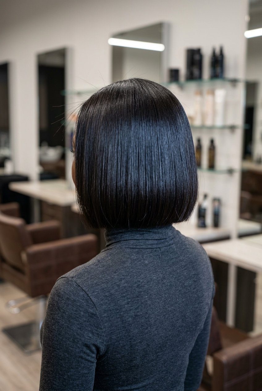 chin-length espresso glass bob with a sharp blunt line and deep side part for formal events