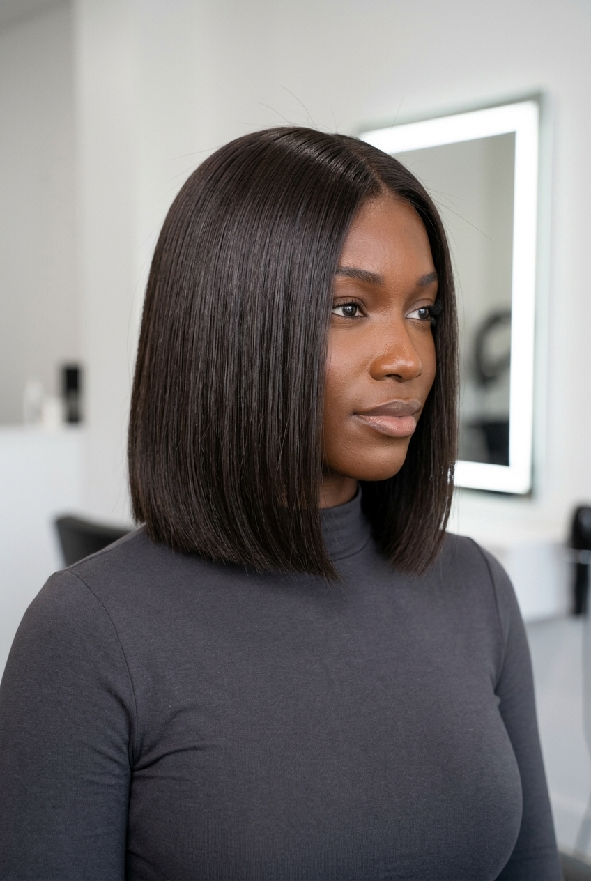 chin-length blunt bob with deep espresso brown, no layers, deep side part — chic, sophisticated