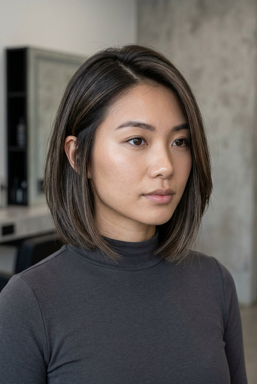 chin-length bob haircut with deep espresso brunette and ash highlights, textured layers and deep side part for summer