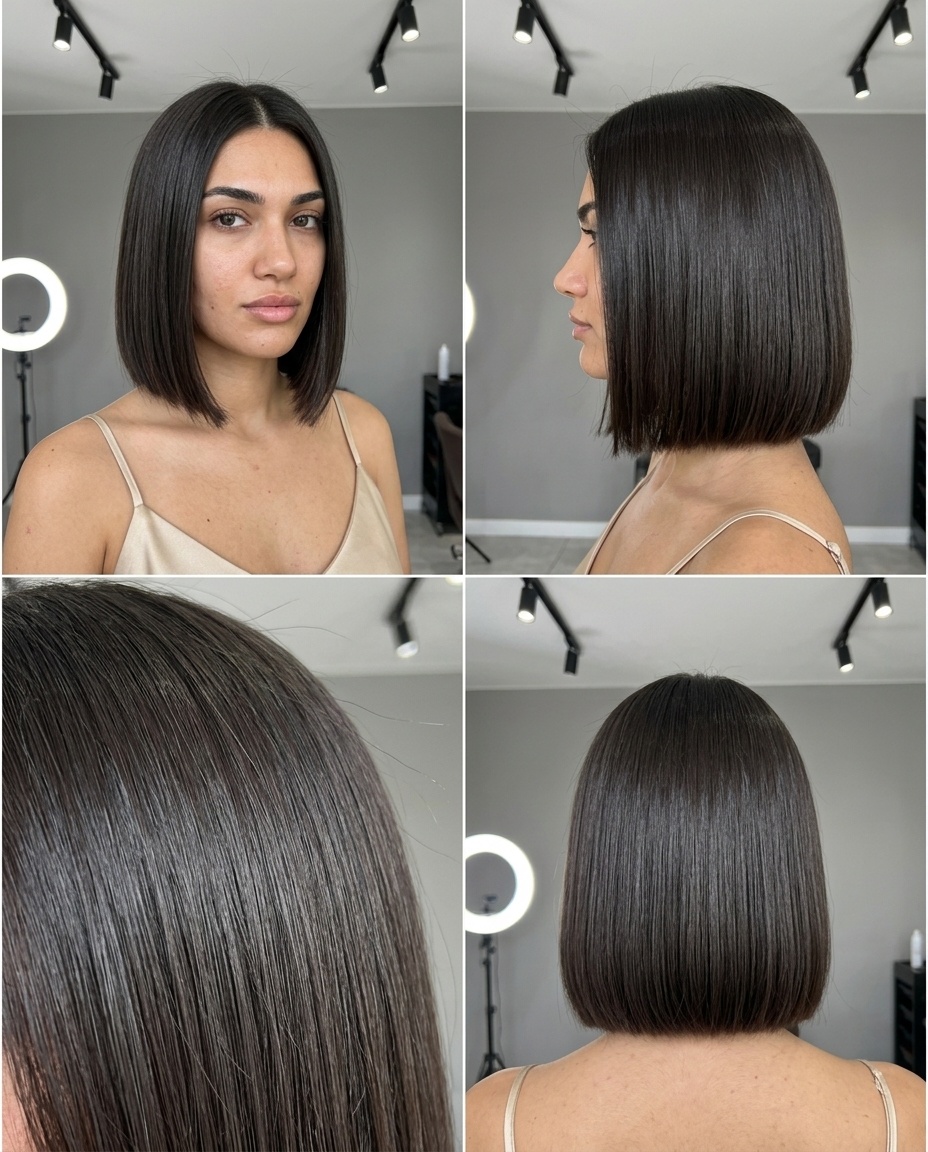 chin-length espresso bob with blunt cut & high-gloss finish for minimalist look