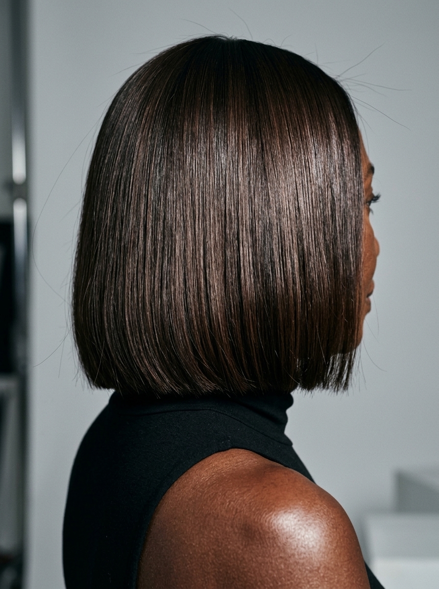 collarbone espresso blunt clavicut with cool cocoa lowlights, one-length cut, deep side part — polished