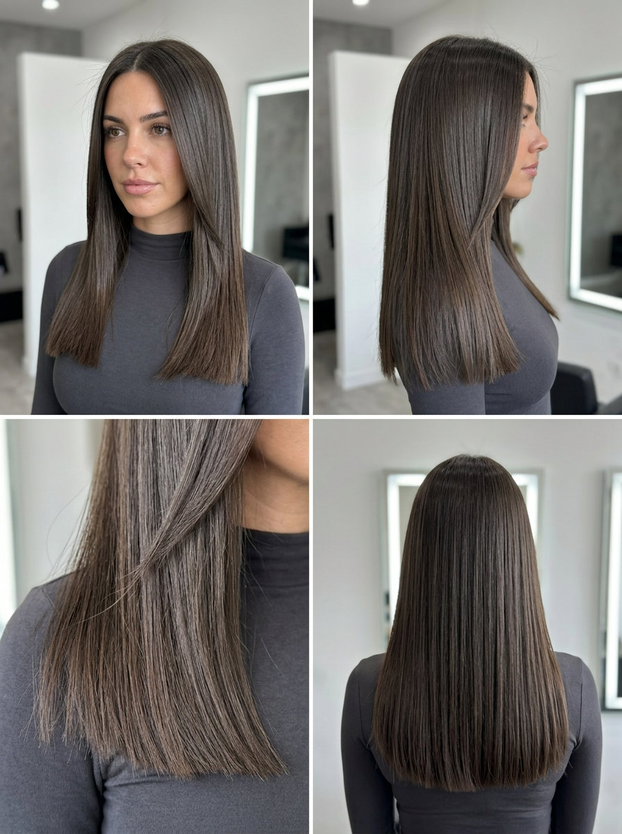 extra-long blunt haircut in deep espresso brunette with cool undertones, mirror-like shine — sophisticated, polished