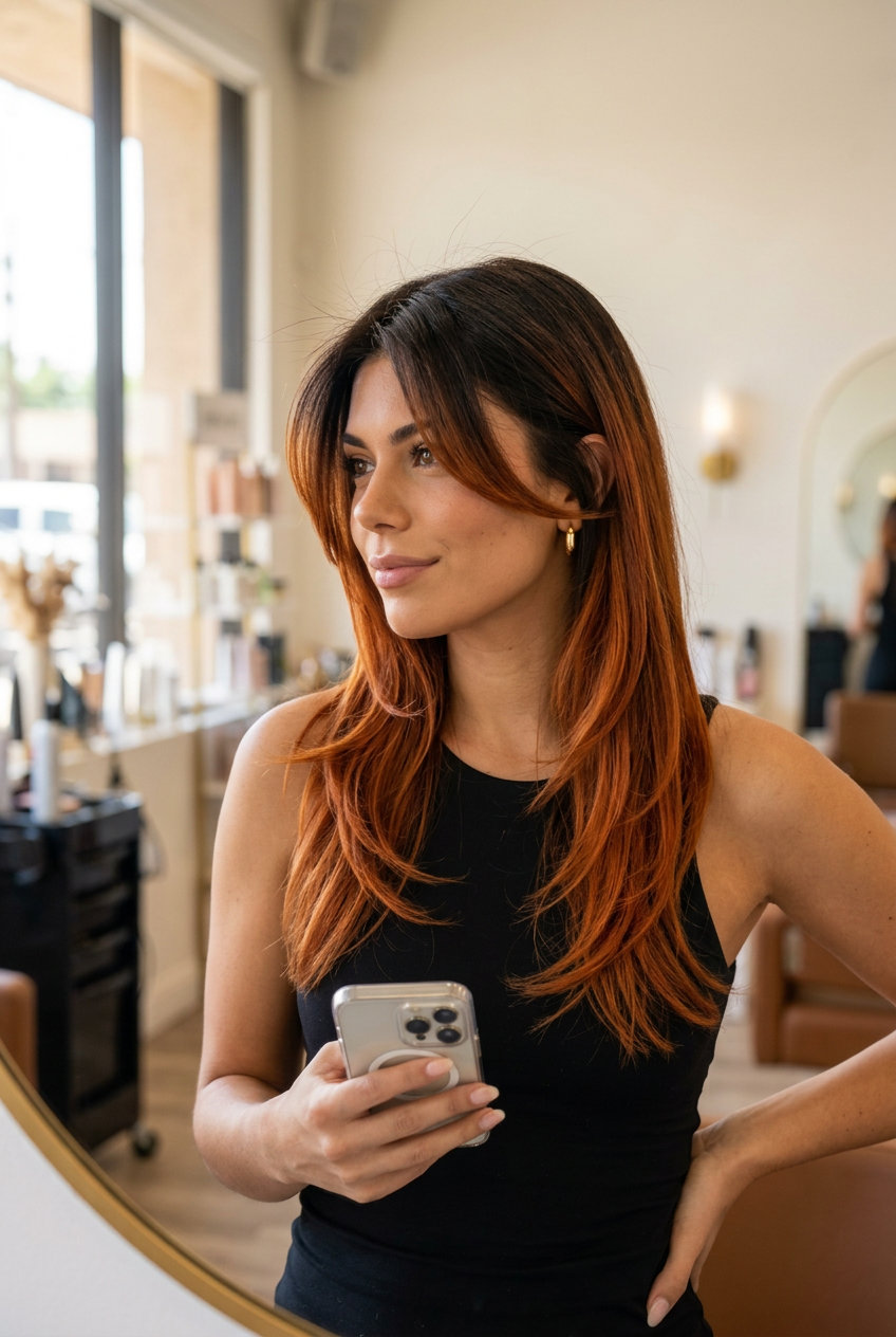 long espresso to fiery copper ombre with AirTouch technique for date night