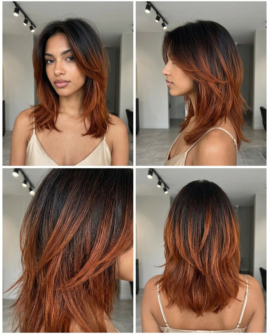 medium espresso to fiery copper ombre shag with choppy layers for festival