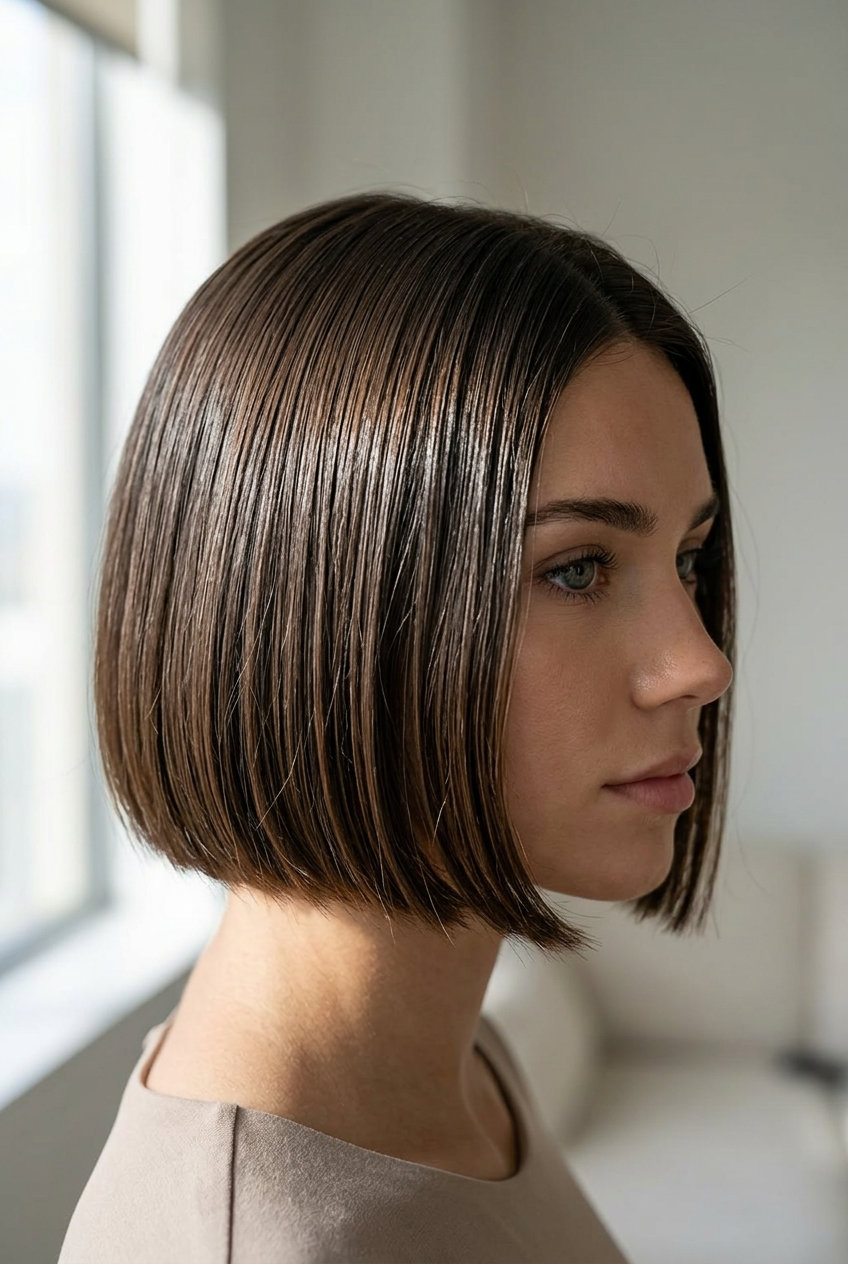 Minimalist Espresso Hydro-Bob 2026 short bob haircut with espresso gloss, minimalist sleekness, and wet-look finish for brunch