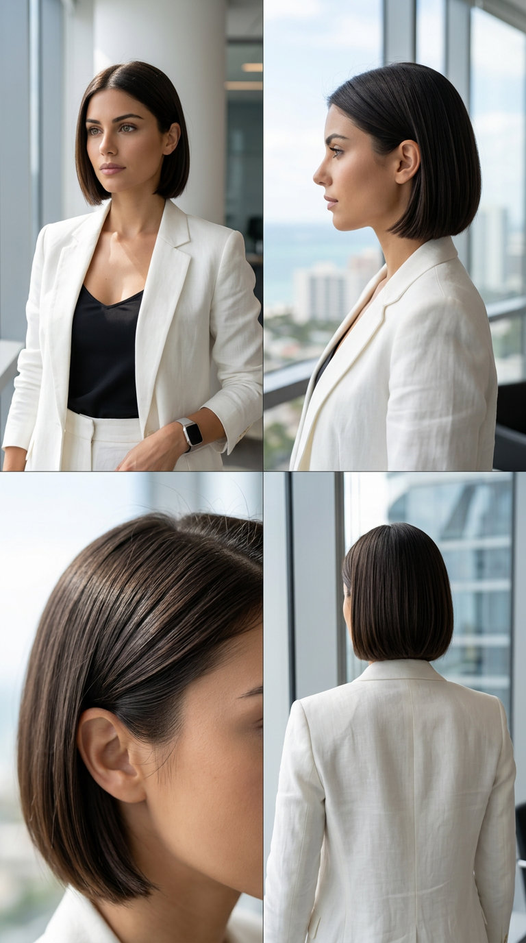 Espresso Gloss Sleek Bob 2026 short sleek bob haircut in Espresso Gloss with glass-like finish and deep side part for professional events