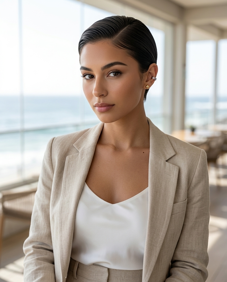 Sleek Espresso Pixie 2026 short pixie haircut with espresso gloss, sleek polish, and severe side part for work