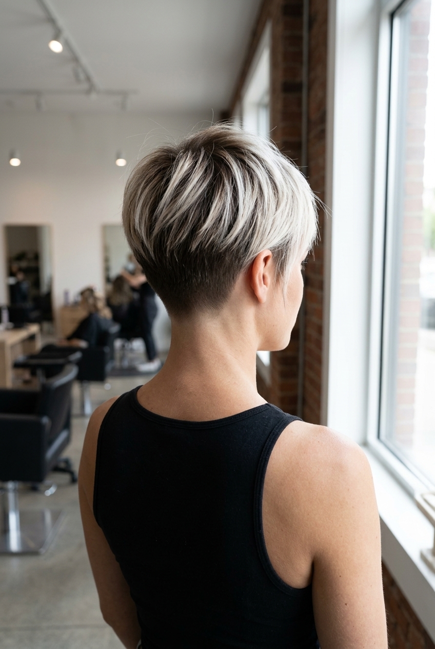 very short crop dimensional summer blonde hair color 2026 with espresso root, icy platinum, razored layers — edgy