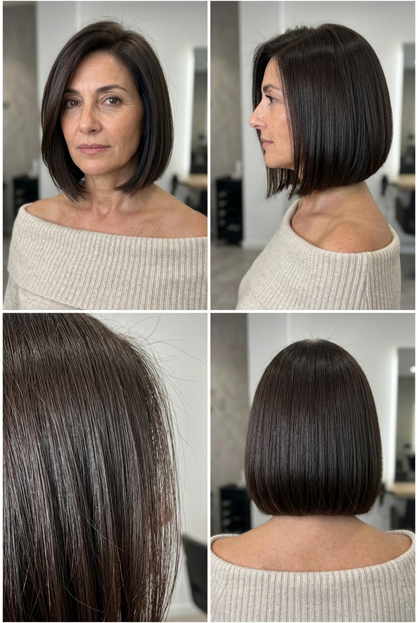 jawline espresso blunt bob with cool dark brown gloss, sharp perimeter, deep side part — sophisticated