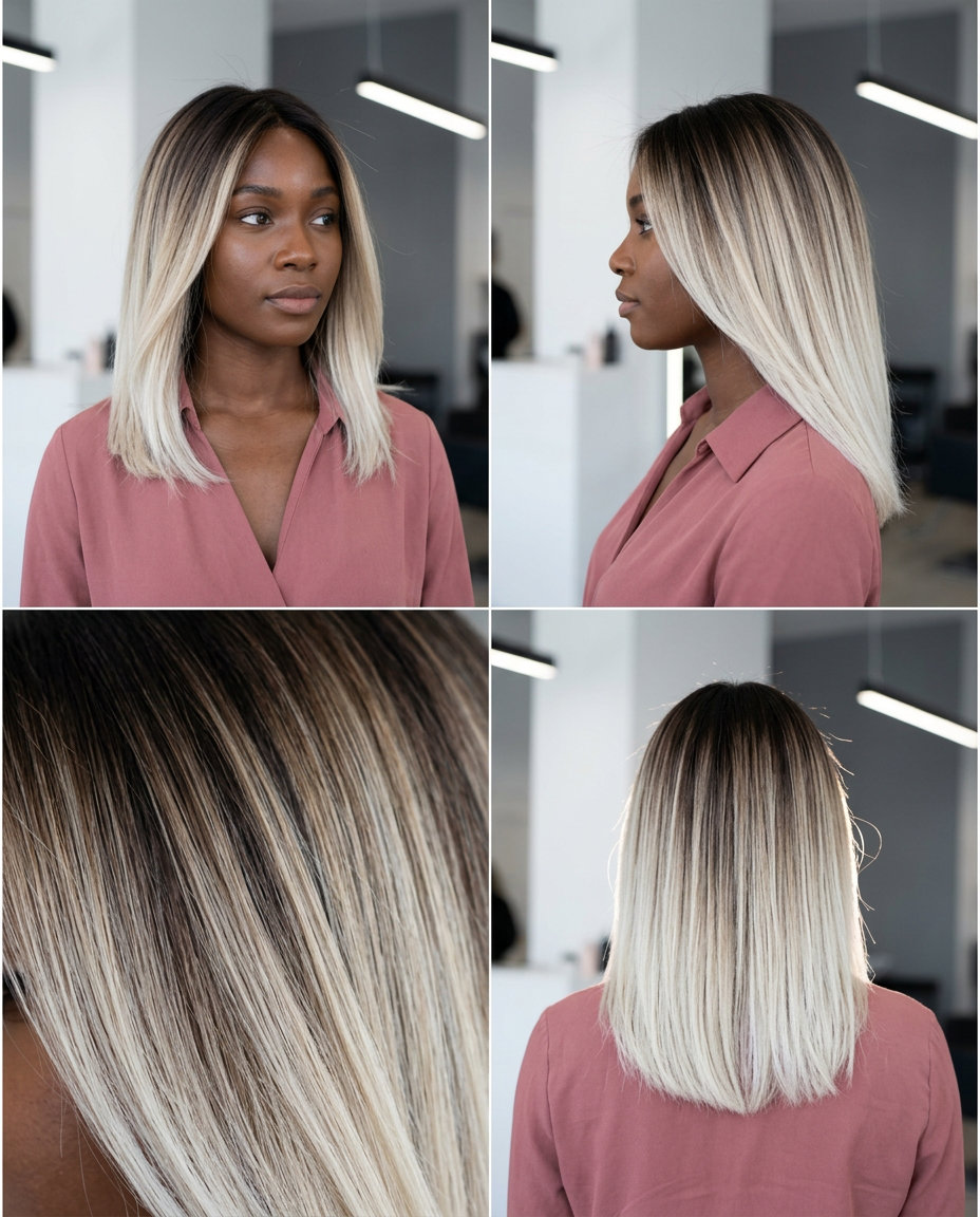 long dark espresso to icy blonde balayage with high-contrast foilyage and root smudge for date night