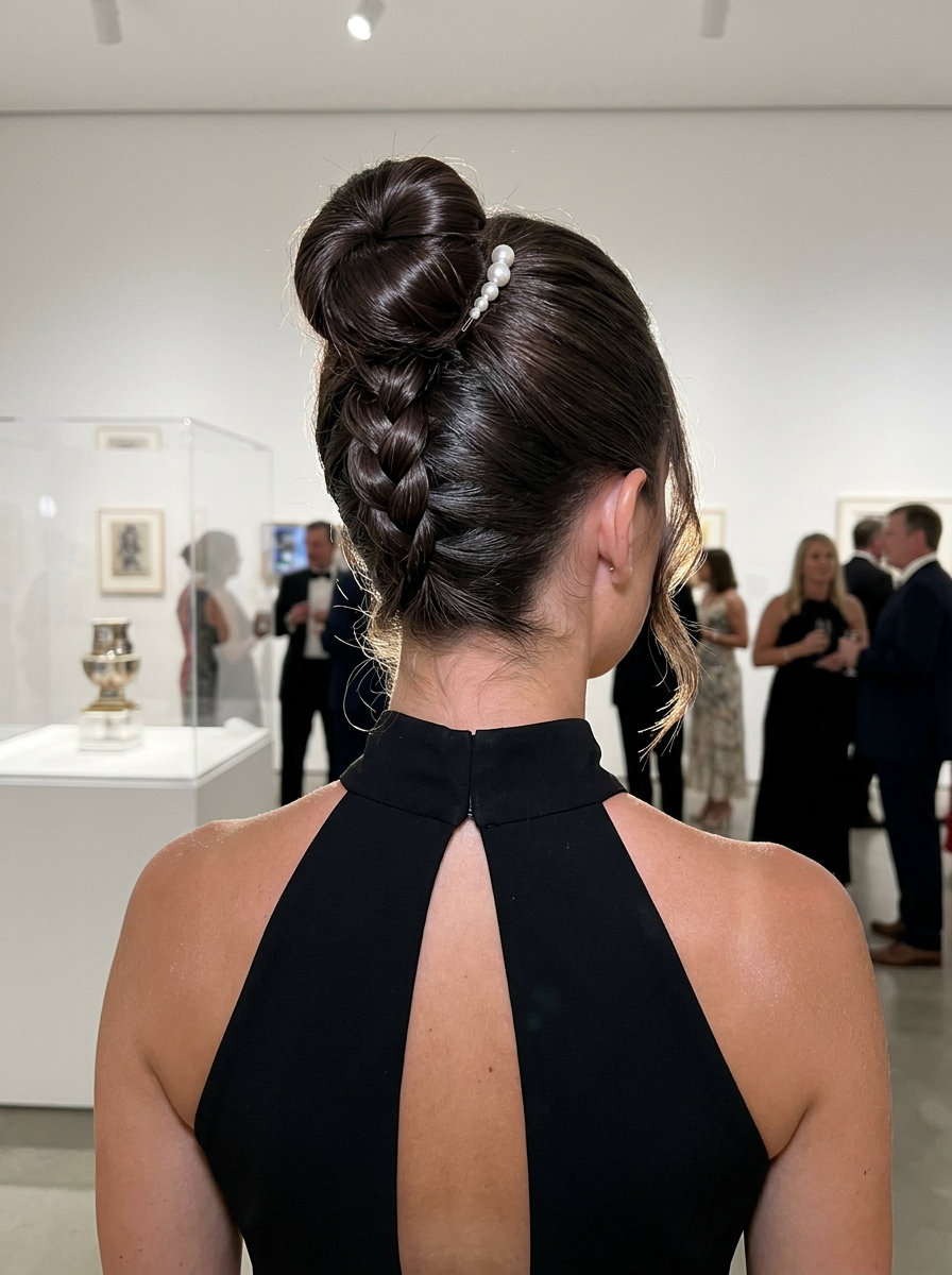 long deep espresso brunette dutch braid bun with cool undertones for professional event
