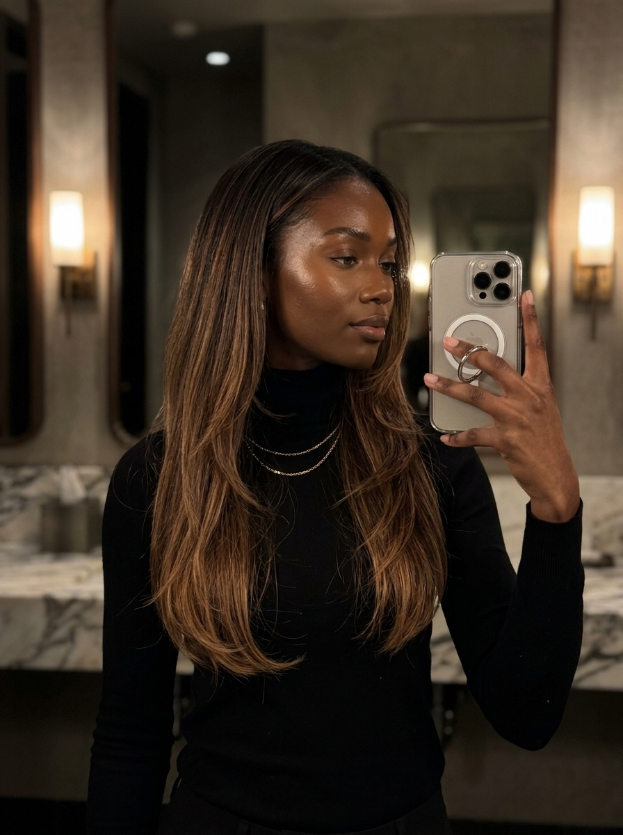 long layered haircut with espresso to chocolate ombré, caramel ends — elegant evening out