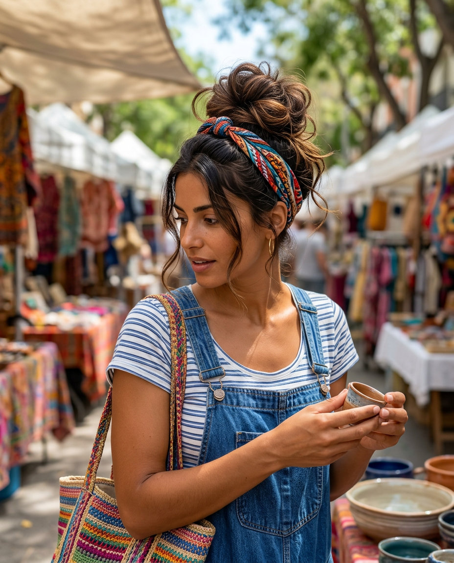long messy bun with espresso brunette gloss, vibrant bandana tie, face-framing tendrils — playful boho festival style