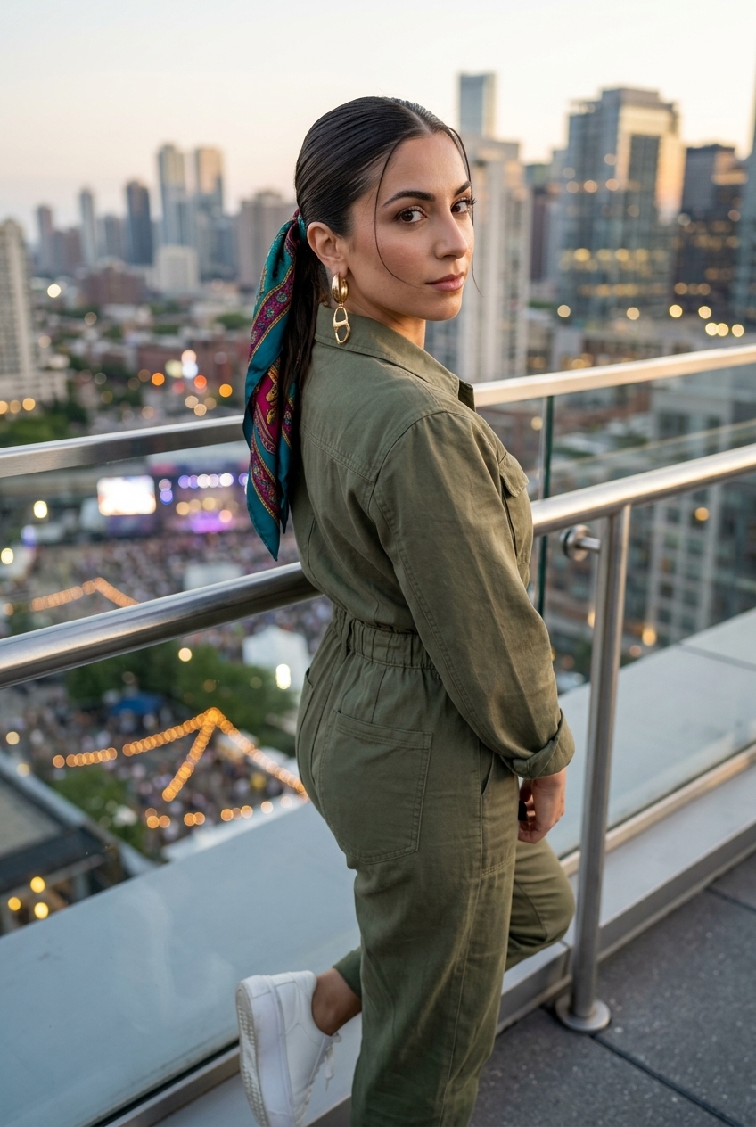 long sleek ponytail with rich espresso brunette gloss, vibrant scarf tie, no fringe — chic urban festival style