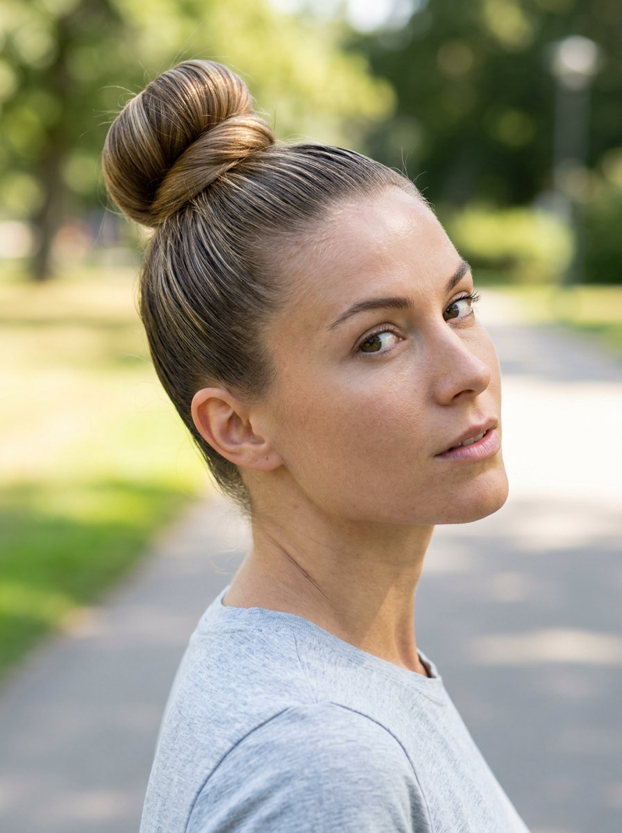 long glossy espresso brunette sleek summit top-knot with slicked back finish for summer