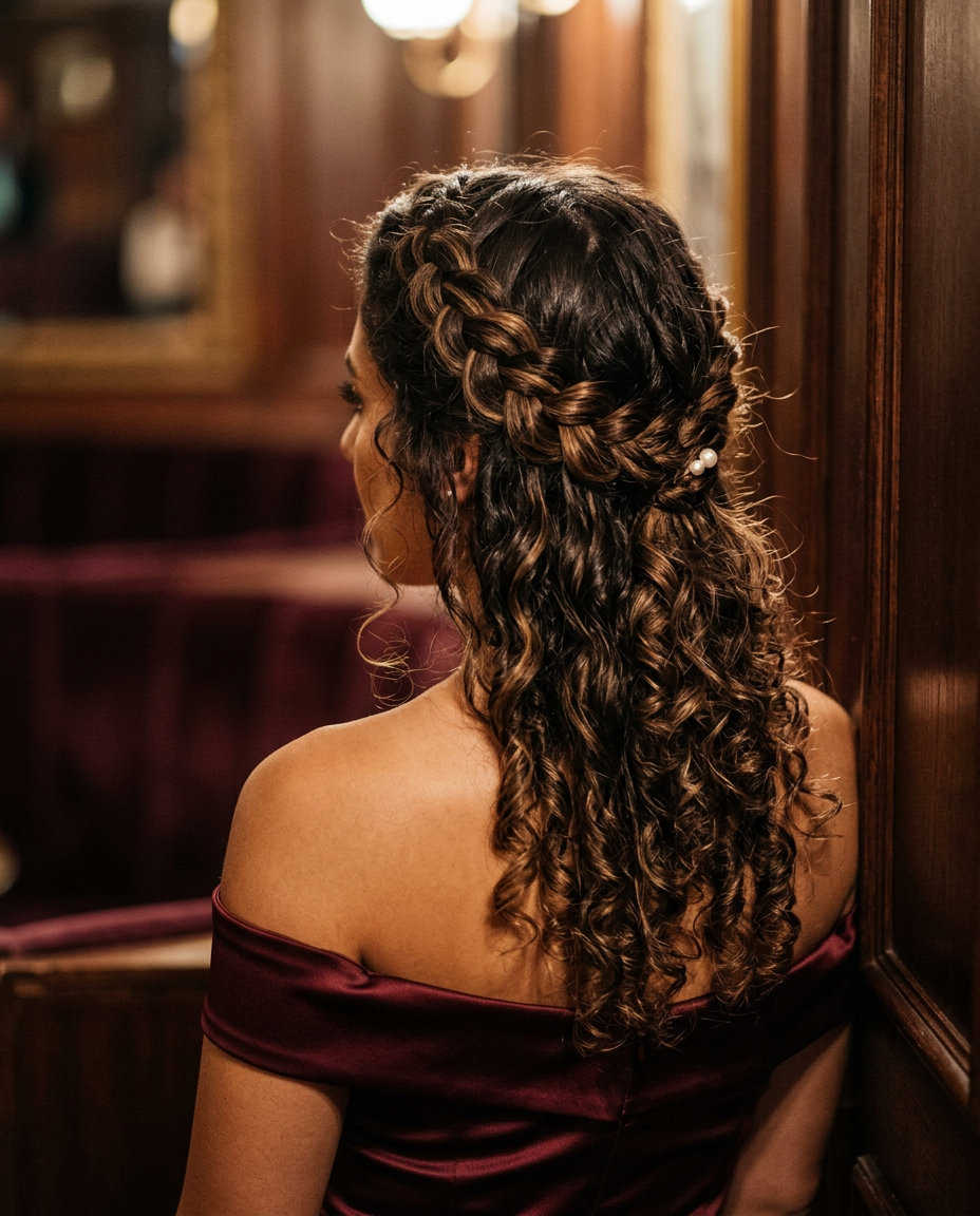 long rich espresso brunette crown braid with caramel lowlights, romantic and elegant