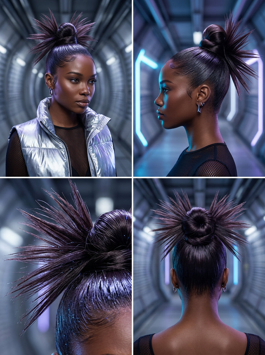 long updo with cool espresso brunette high-gloss finish, razored ends for spiky effect — bold music festival look