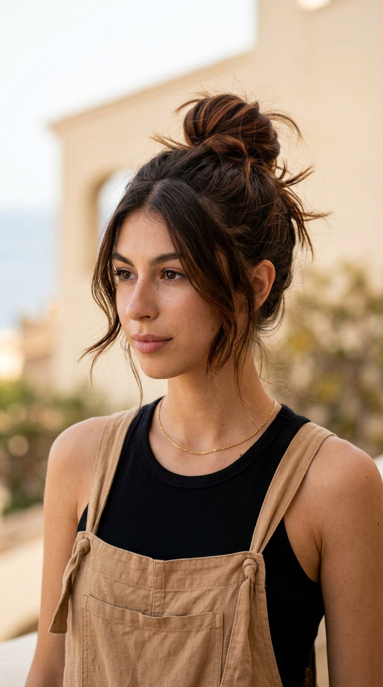 long warm espresso brunette top knot with auburn lowlights, playful and relaxed