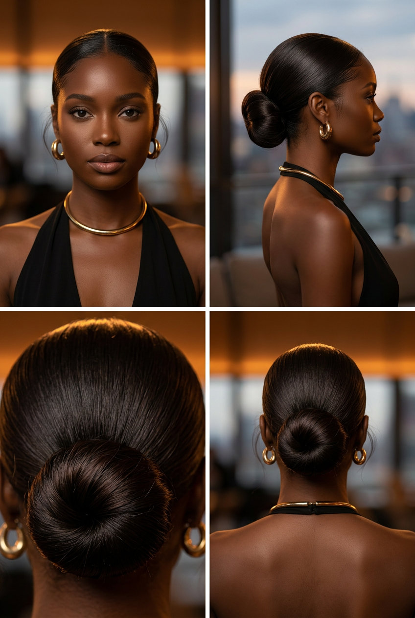 medium espresso roast bun with cool dark brown gloss for professional meeting