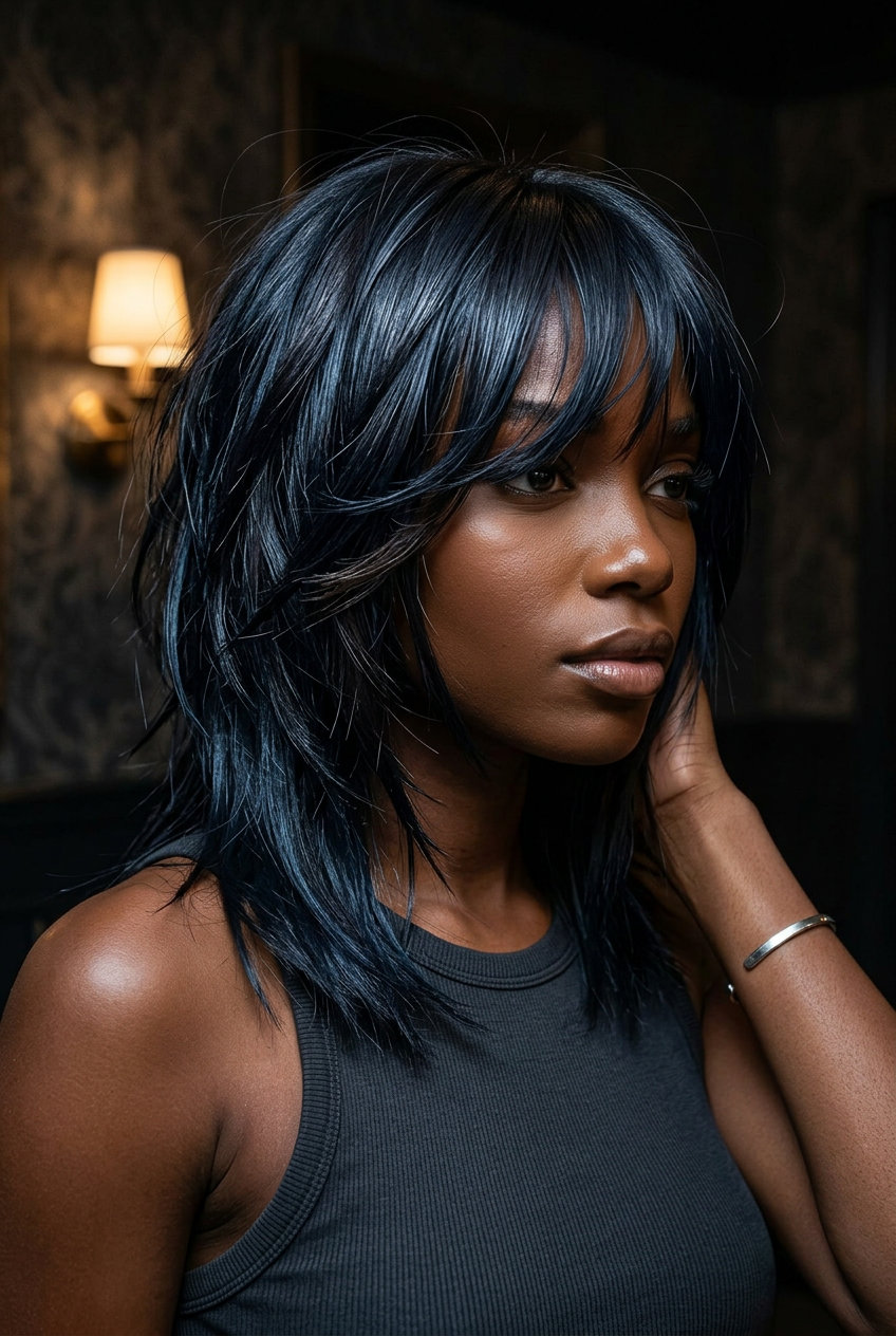 medium razored layered haircut in midnight espresso with blue-black undertones, piecey layers — bold edgy