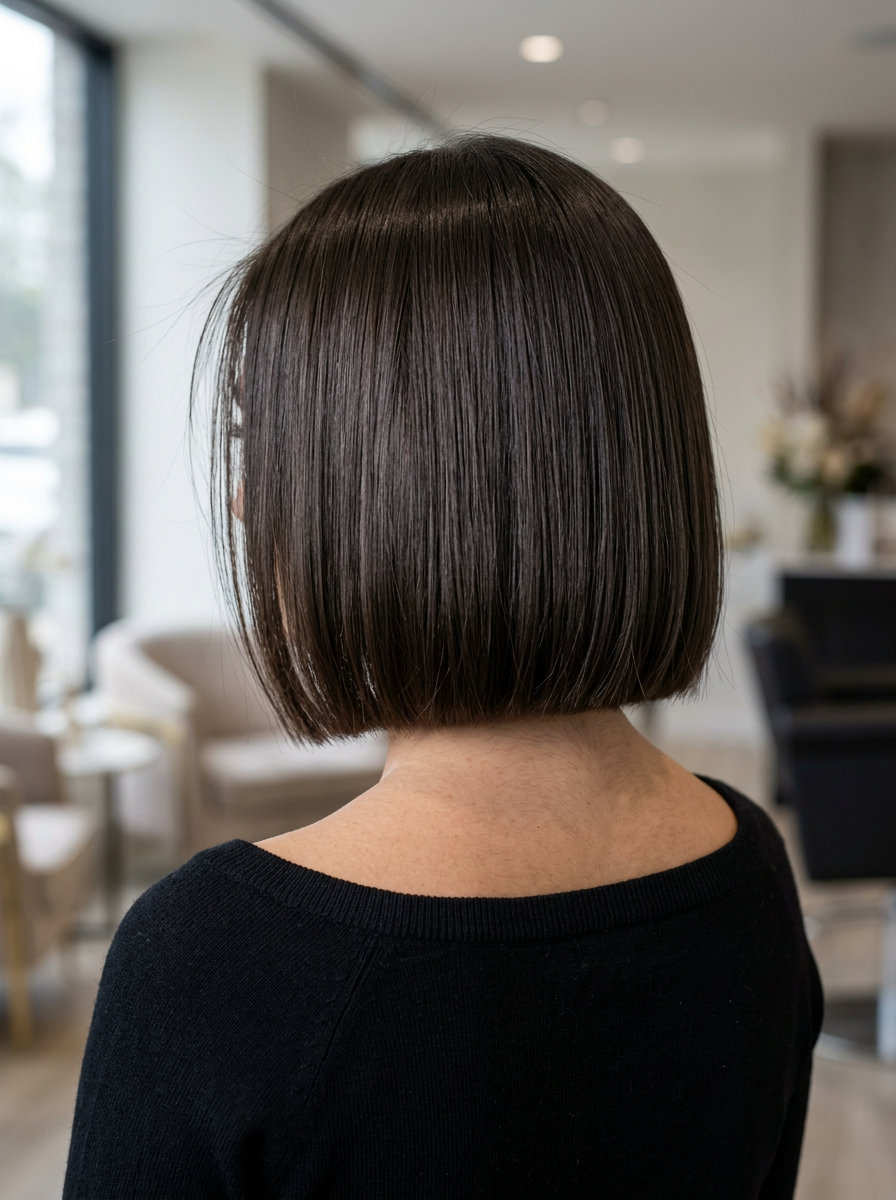 chin-length bob haircut with espresso mushroom brown, blunt cut, side part — professional elegant chic