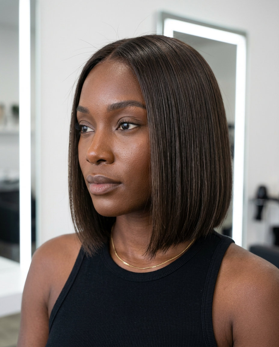 chin-length bob with espresso mushroom and charcoal reflects, blunt cut — retro glam
