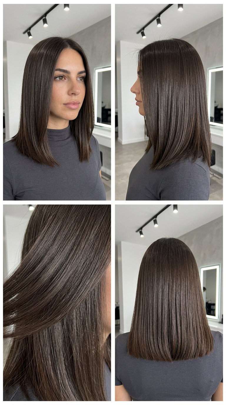 collarbone-length midi cut with espresso mushroom and charcoal reflects, blunt cut — chic