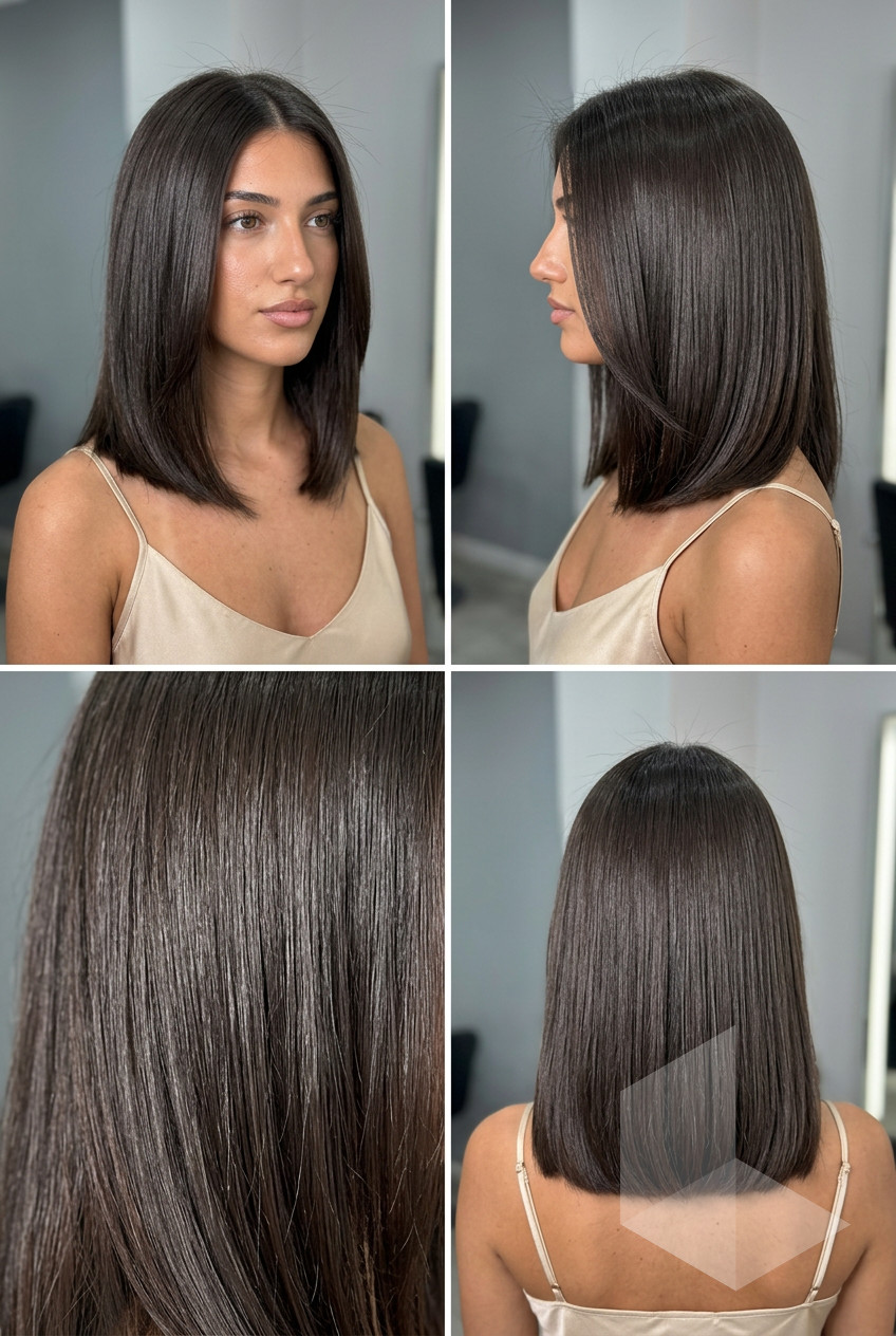 collarbone midi haircut with espresso mushroom brown, blunt cut, center part — professional sleek minimalist