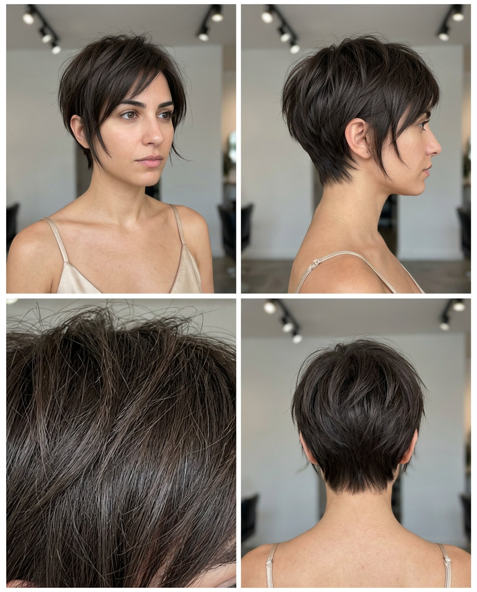short pixie haircut with espresso mushroom brown, razored texture, tapered sides — playful edgy grunge