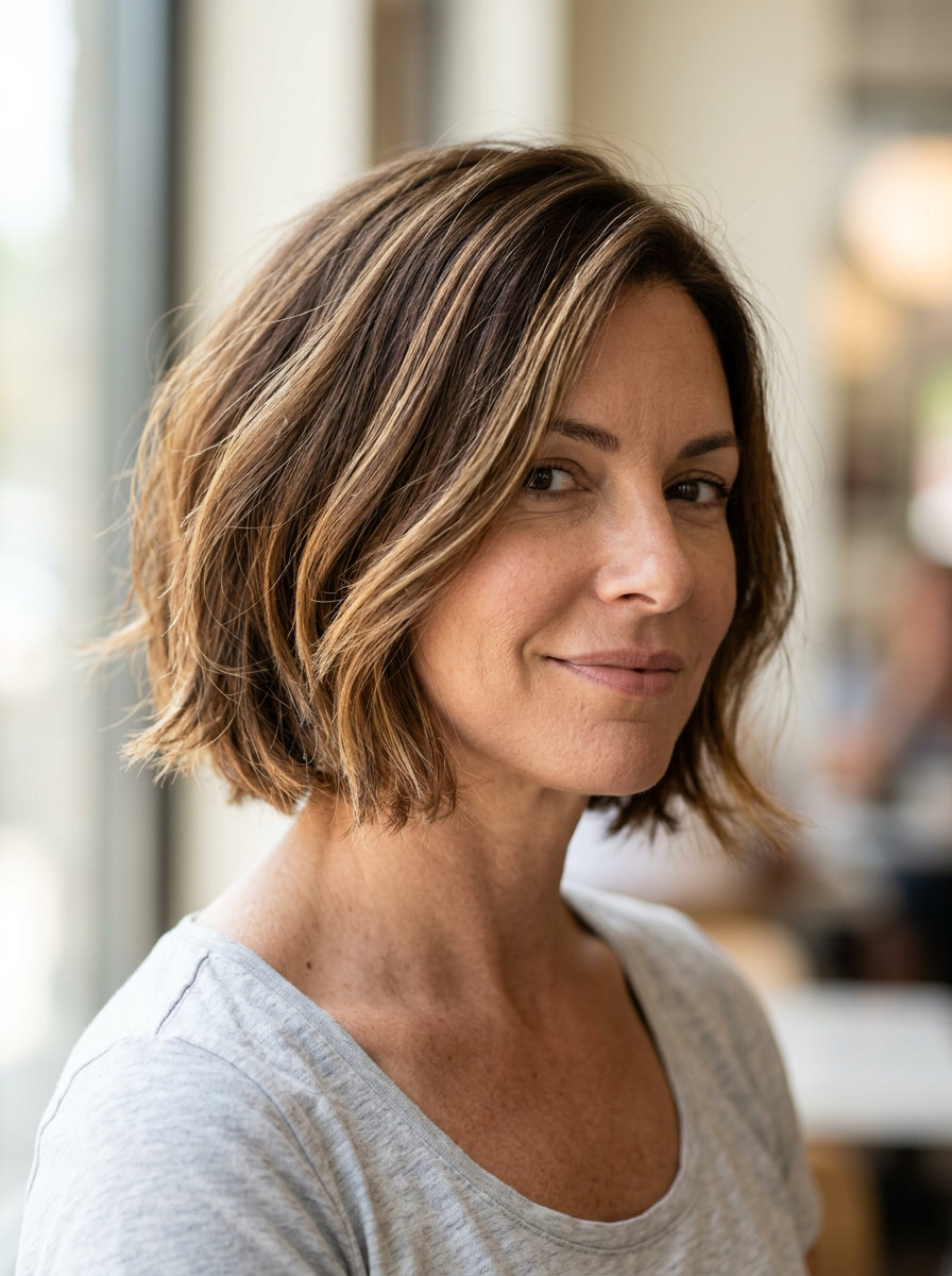 neck-length espresso bob with caramel babylights, soft face-framing layers — playful & chic