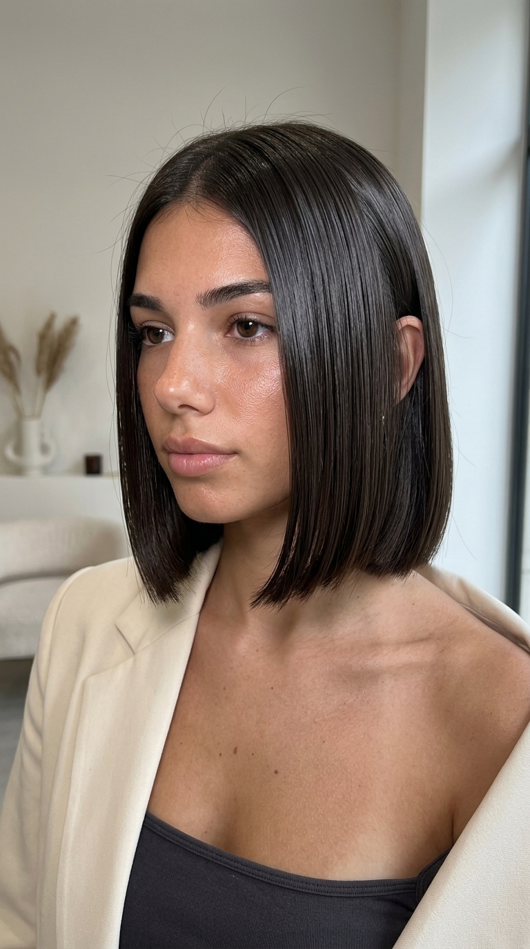 short deep espresso brunette bob with blunt cut & high-gloss finish for summer