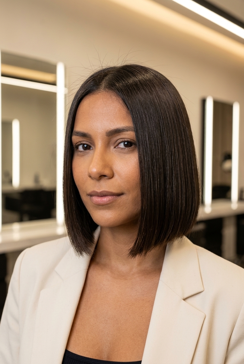 short glossy espresso bob with rich dark brown color, blunt chin-length perimeter, center part — professional and polished