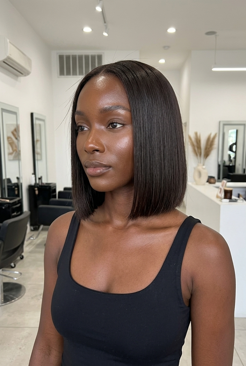 short deep espresso brunette bob with blunt cut & high-gloss finish for professional
