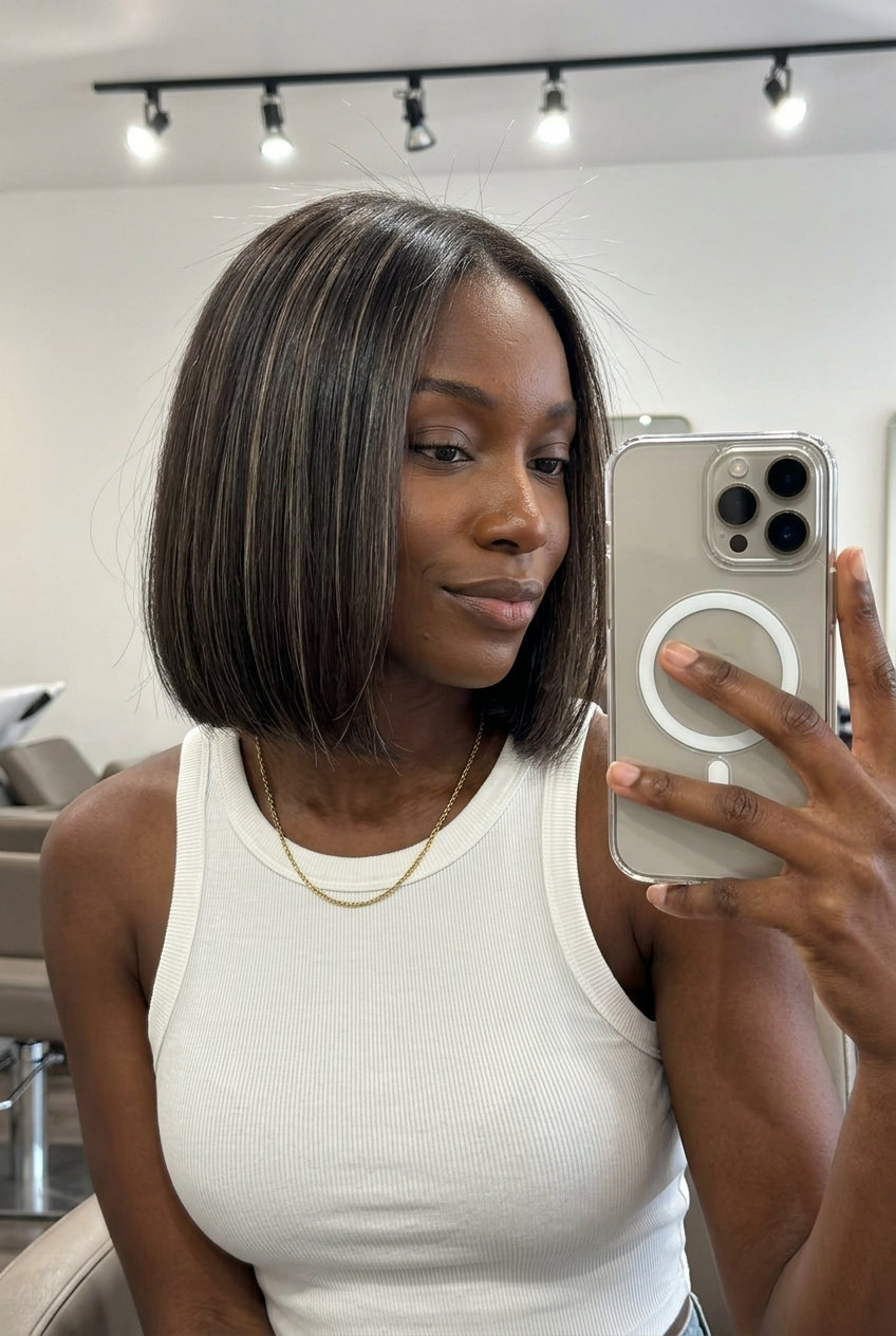 Espresso Highlights 2026 short espresso brown highlights with cool beige micro-highlights, diffused ribbons for professional sophistication