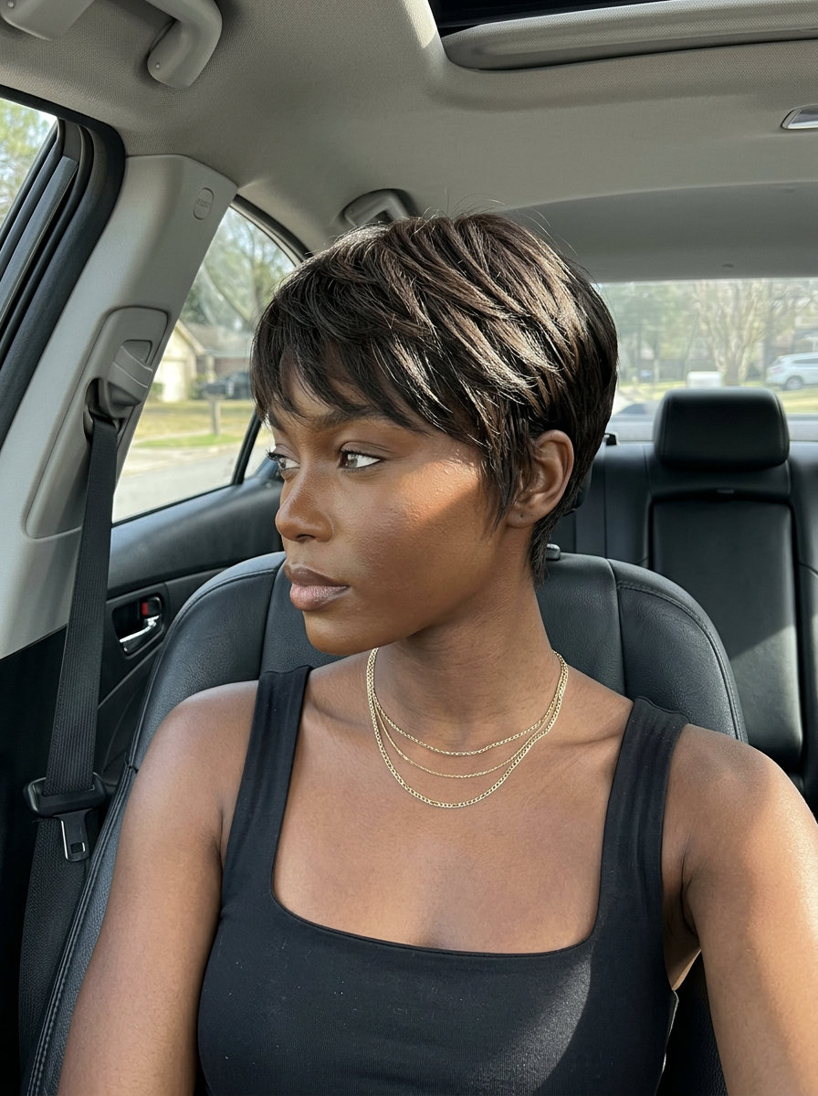 short espresso pixie with cool undertones, feathered layers and wispy fringe — professional and sophisticated