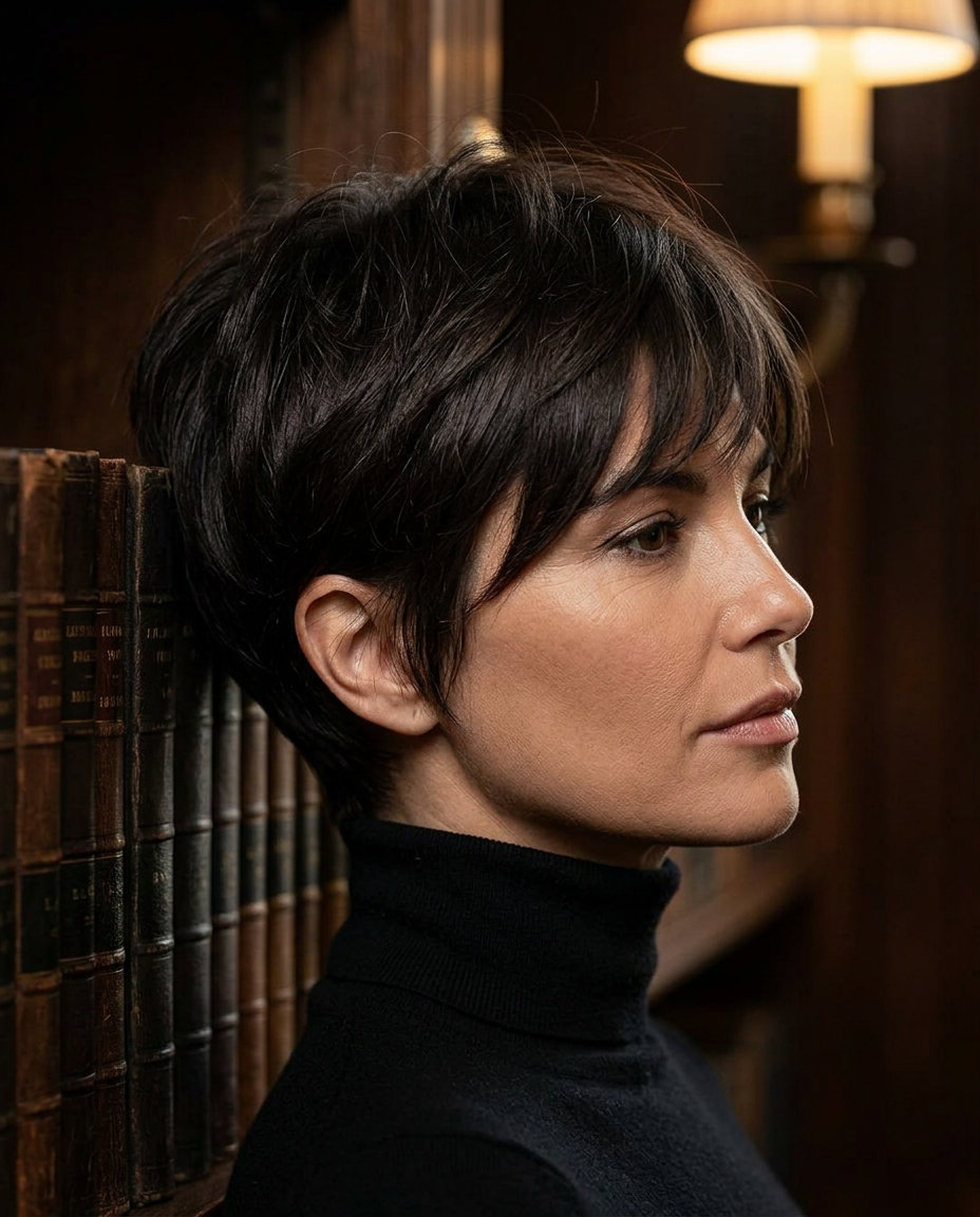 short espresso pixie haircut with cool undertones, textured layers, soft fringe — bold & sophisticated