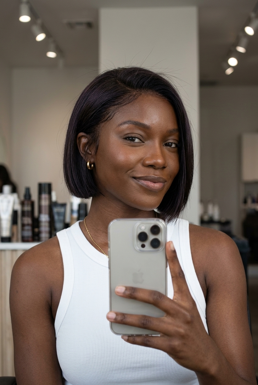 very short espresso bob with blunt cut & exposed nape for sophisticated look