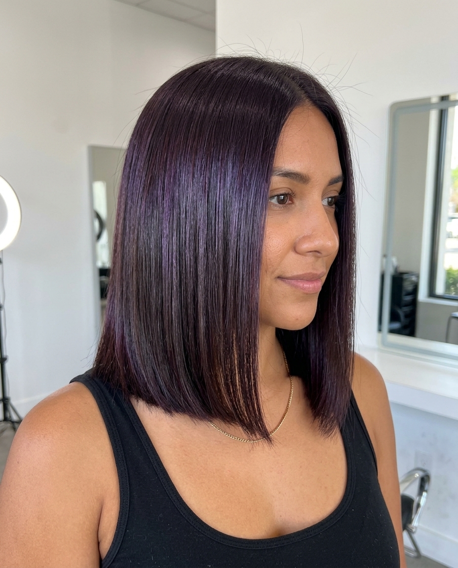 short blunt bob with rich espresso violet color, high-gloss finish, no fringe — bold