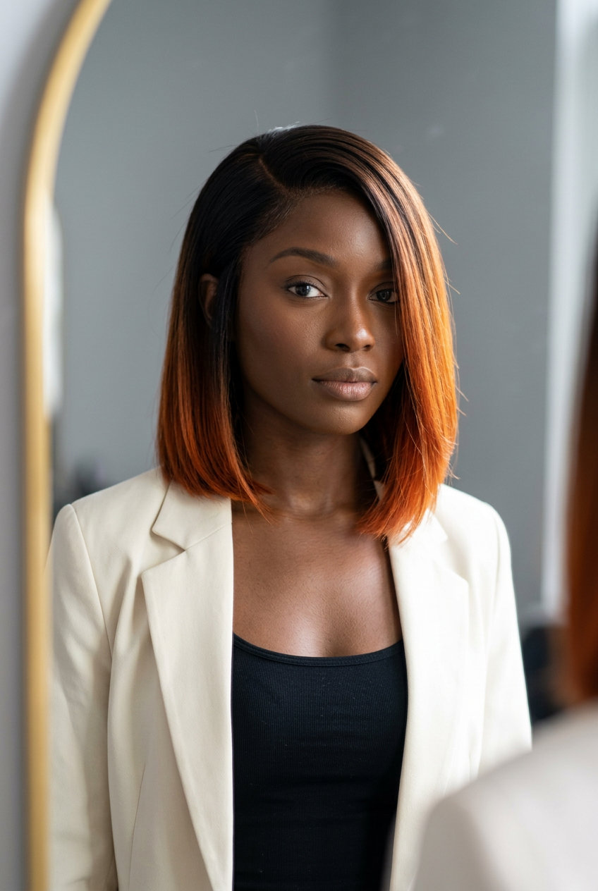 chin-length blunt bob haircut with fiery copper ombre, A-line back — bold retro edgy look