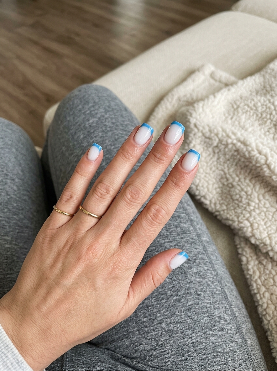 Azure Sky Sheer White French Tip nails for french manicure summer 2026. Minimalist work-appropriate style.