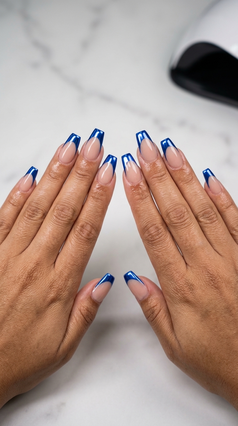Futuristic chrome cobalt blue French tip coffin nails for night outs and festivals. French manicure summer 2026.